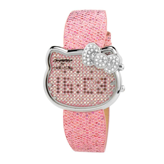 Chronotech Multicolor Leather Watch with pink leather bracelet, digital quartz display, silver steel case, mineral glass, buckle closure.