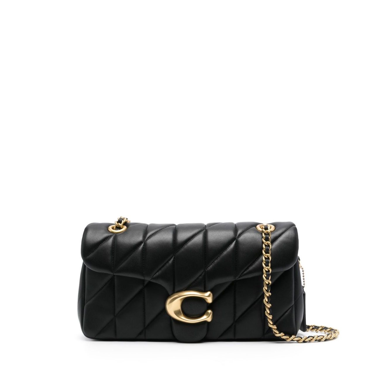 Black quilted Coach Tabby shoulder bag with gold-tone logo and chain strap.