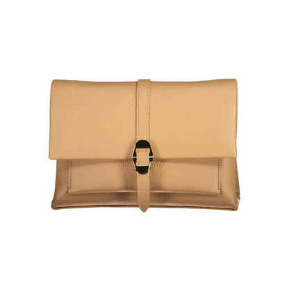 Beige leather clutch with buckle closure and smooth texture