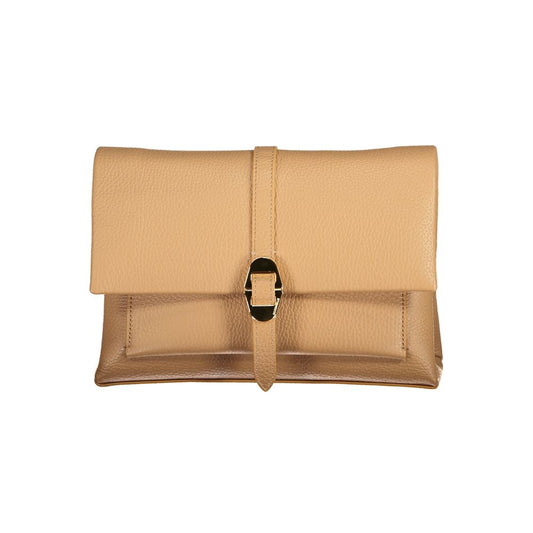 Beige leather clutch bag with buckle closure on a white background.
