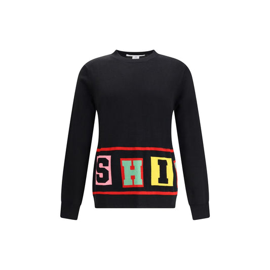 Comme Des Garçons Black Marabou Sweatshirt with colorful lettering design, long sleeves, and straight hem from AW25 collection.