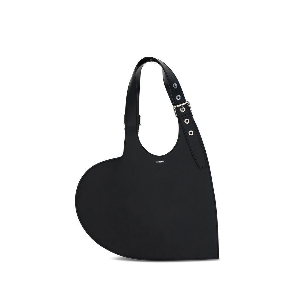 Coperni Black Calf Leather Bos Taurus Shoulder Bag in heart shape with belted handle, perfect for adding an edgy style statement.