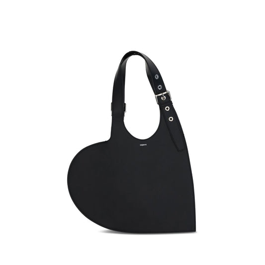 Coperni Black Calf Leather Bos Taurus Shoulder Bag in heart shape with belted handle, perfect for adding an edgy style statement.