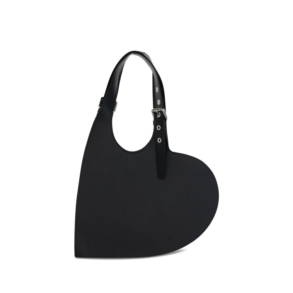 Coperni Black Calf Leather Bos Taurus Shoulder Bag with belted handle and unique heart shape for AW25 collection.