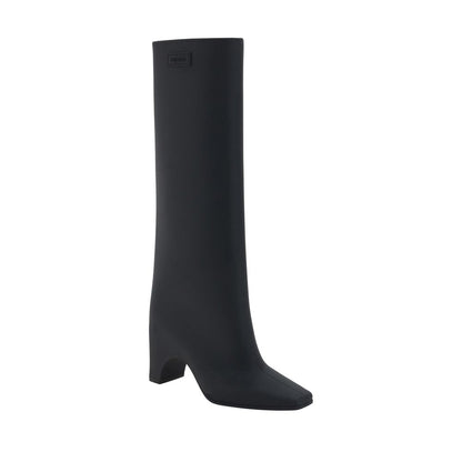 Coperni Black Rubber Over The Knee high boots with square toe and geometric heel, featuring brand’s monogram on shaft.
