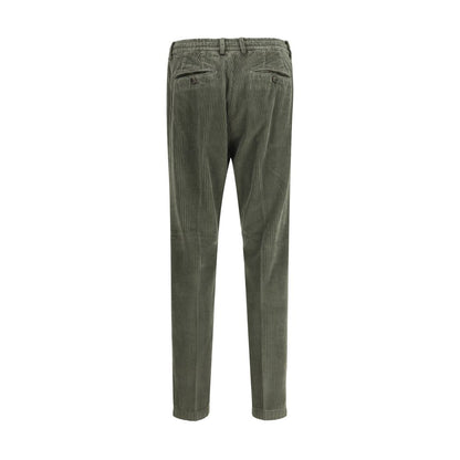 Back view of Cruna Green Cotton Casual Pants in corduroy with zip-and-button closure, perfect for autumn-winter fashion.