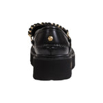 Rear view of Cult Black Leather Platform shoe with decorative chain and chunky treaded sole.