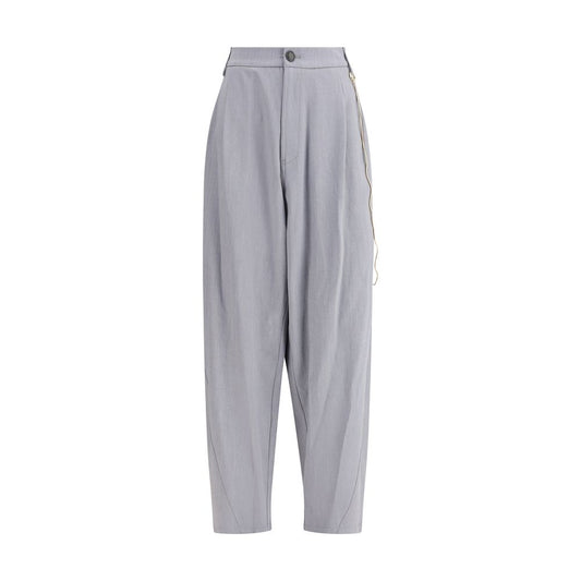 Darkpark Gray Polyester Casual Pants with gold chain detail, featuring elegant front pleats and button closure, perfect for AW25 season.