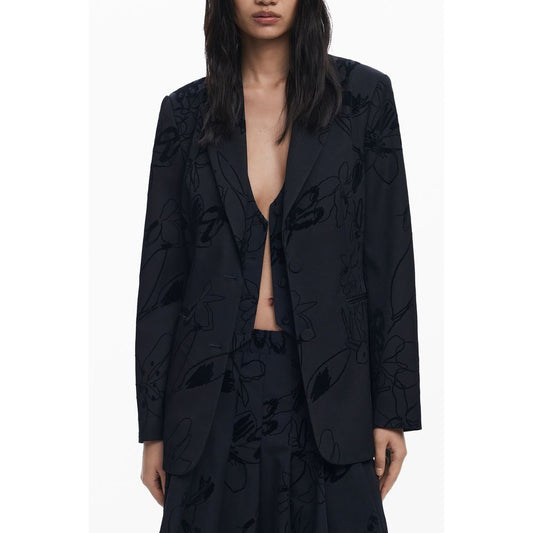 Desigual Black Polyester Women Jacket with V-neck and floral pattern, highlighting chic design and trendy style with Desigual logo.