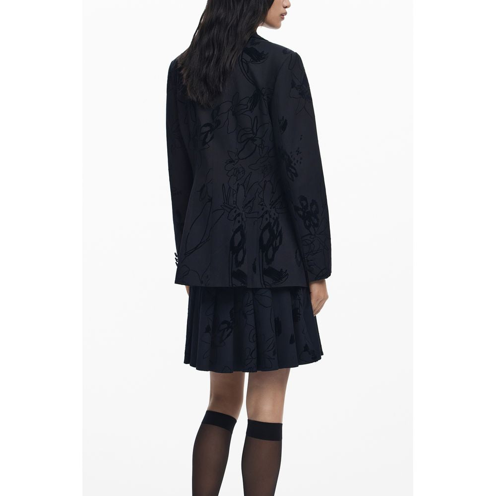 Desigual Black Polyester Women Jacket with V-neck and iconic logo, showcasing functional pockets and stylish design for bold fashion.