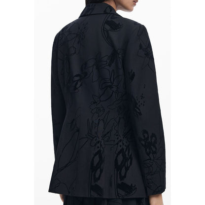 Back view of Desigual Black Polyester Women Jacket with floral patterns, chic V-neck, and iconic logo detailing for bold style.