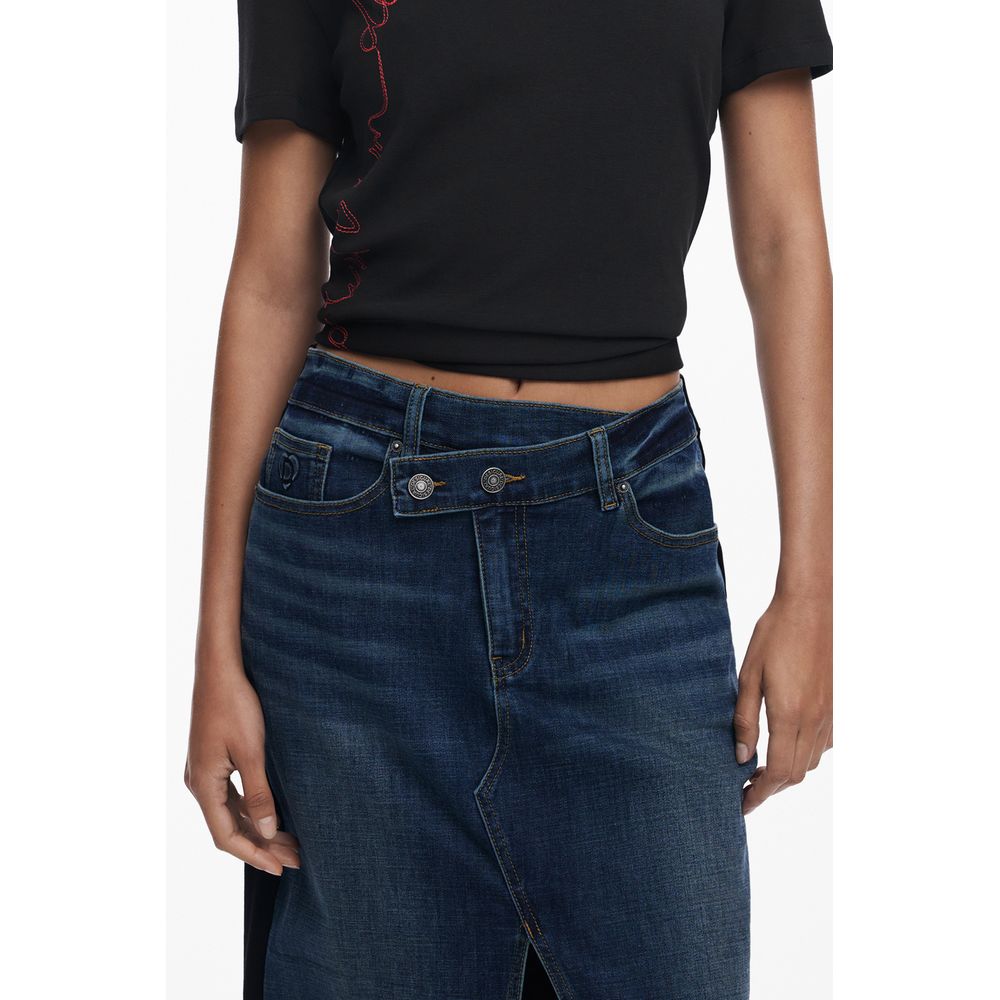 Model wearing Desigual Blue Cotton Women Skirt with twisted silhouette and button-zip closure.