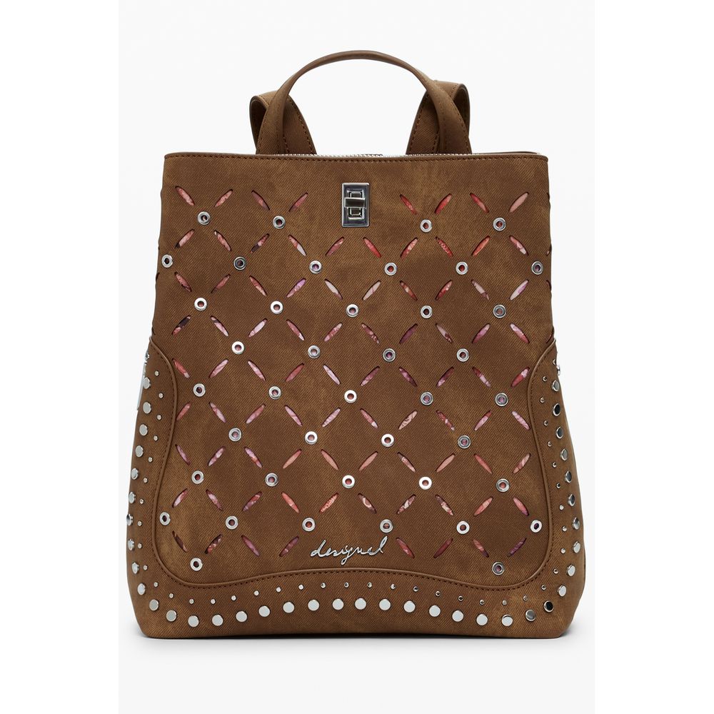 Desigual Brown Polyethylene Women Backpack with studded design and multiple pockets for stylish functionality.