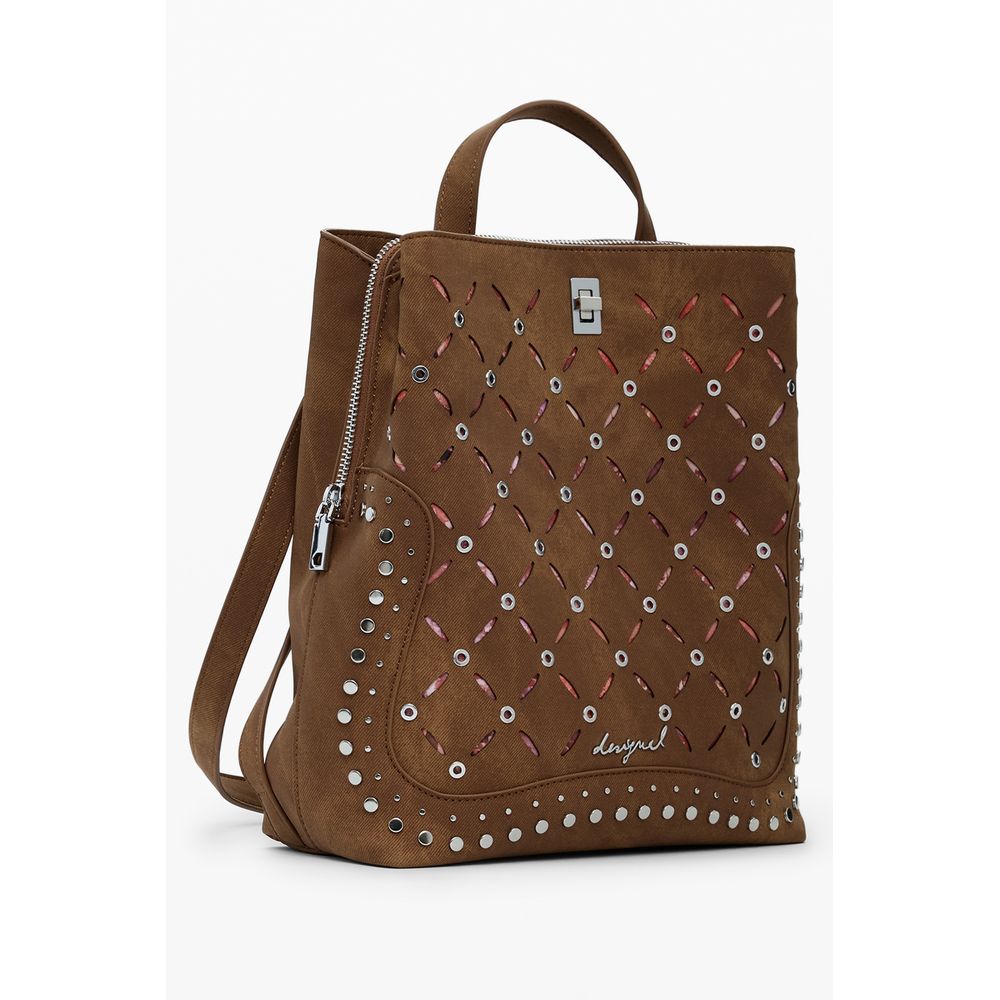 Desigual Brown Polyethylene Women Backpack with studded design and external zipper pocket.