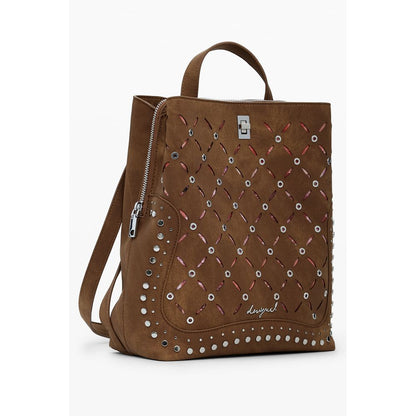 Desigual Brown Polyethylene Women Backpack with studded design and external zipper pocket.