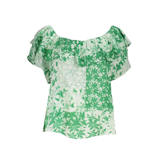 Desigual Green Cotton Women T-Shirt with floral pattern and boat neck, perfect for fashion trendsetters seeking vibrant style.