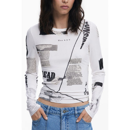 Desigual White Viscose Women T-Shirt with avant-garde newspaper pattern, long sleeves, and crew neck.