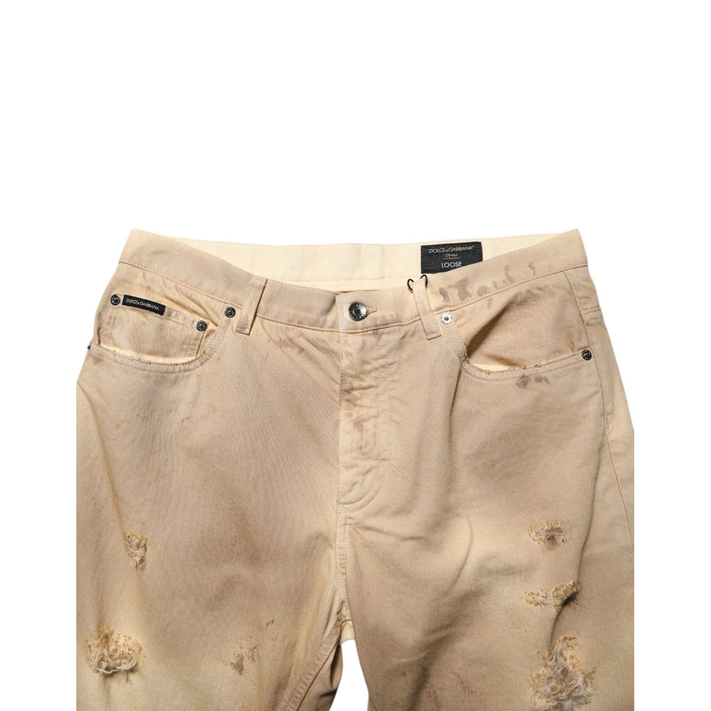 Dolce & Gabbana Beige Cotton Loose Tattered Men Denim Jeans