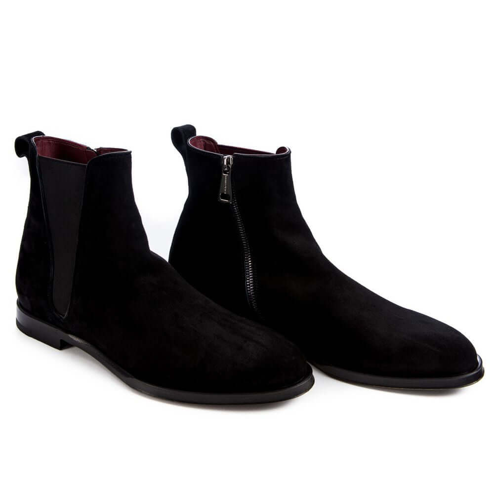 Dolce & Gabbana Black Calfskin Men Ankle Boot with red leather interior and zipper detail.