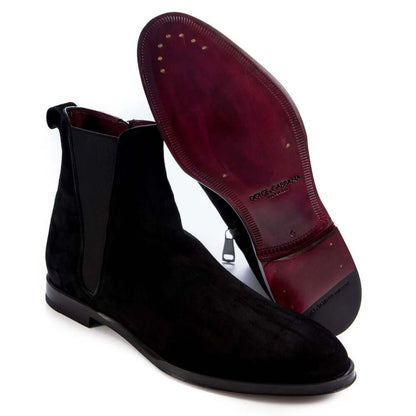Dolce & Gabbana Black Calfskin Men Ankle Boot with red leather interior and zipper detail