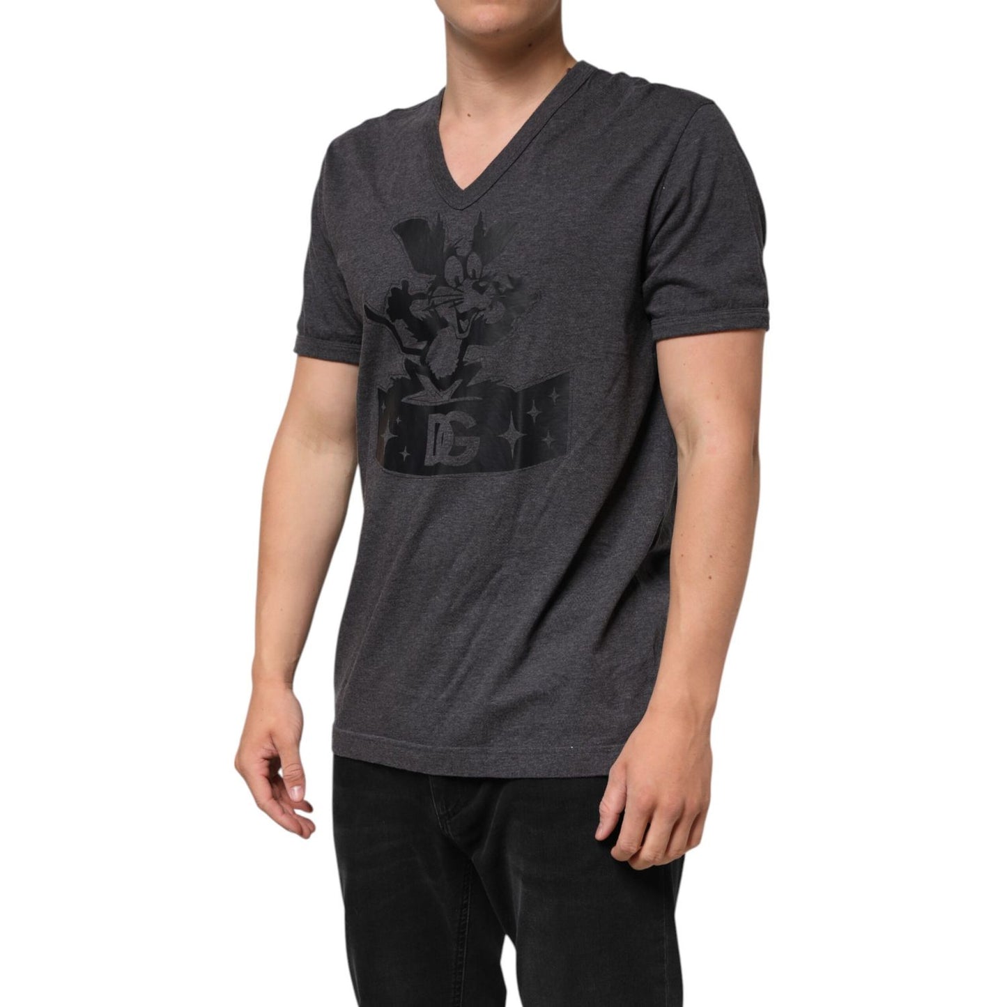 Dolce & Gabbana Black Charcoal DG Logo V-Neck Men T-shirt