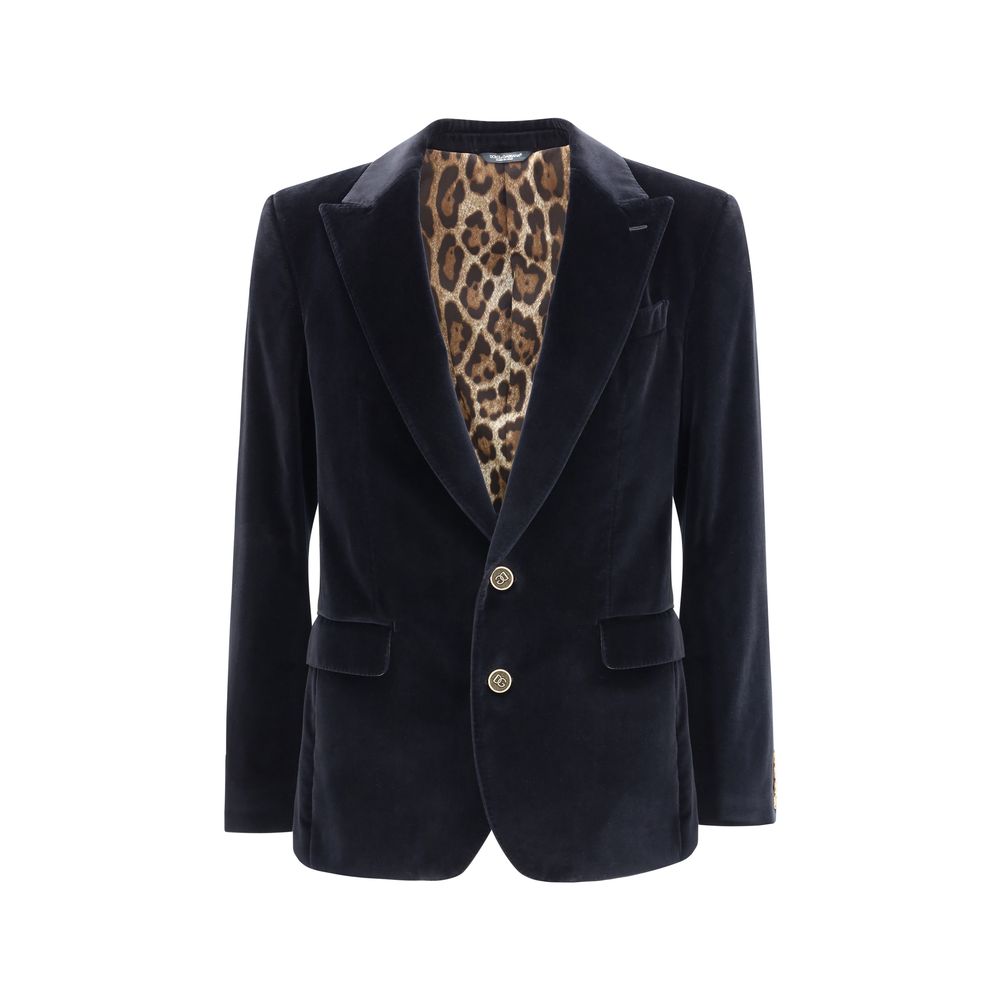Dolce & Gabbana Black Cotton Blazer with velvet Sicily design, featuring peak lapels and button closure, ideal for formal occasions.
