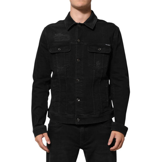 Dolce & Gabbana Black Cotton Denim Stretch Button Up Jacket with chest pockets and tailored seams for a modern fit