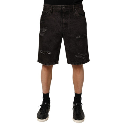 Dolce & Gabbana Black Cotton Tattered Denim Men Bermuda Short