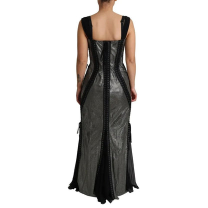 Back view of Dolce & Gabbana Black Crystals Lace Up Runway Gown Dress with zipper closure and silk stretch lining.
