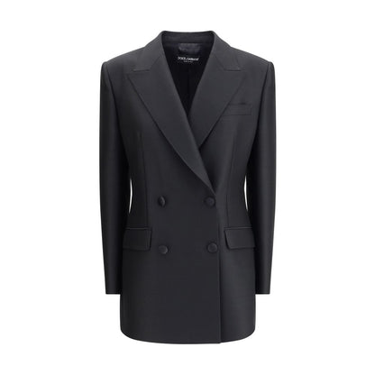 Dolce & Gabbana Black Fleece Wool Blazer with double-breasted design, peaked lapels, and four-button closure for elegant style.