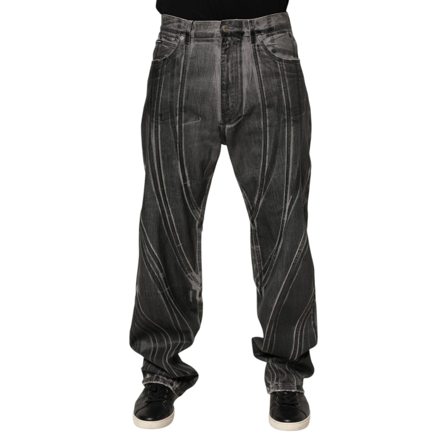 Dolce & Gabbana Black Grey Graphic Print Denim Pants Jeans