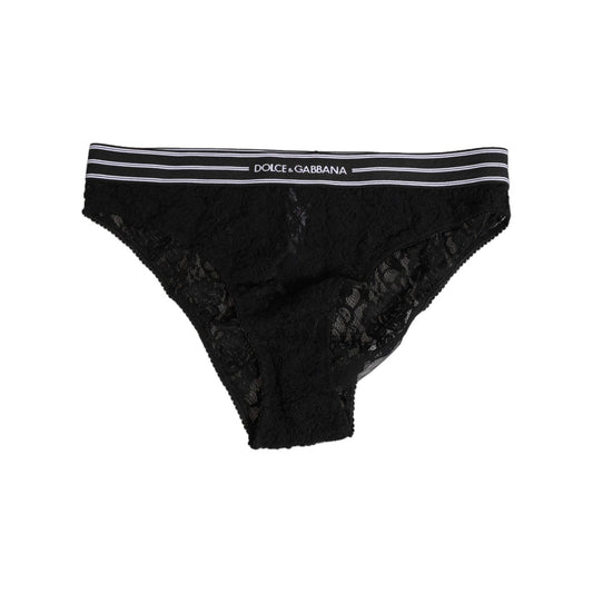 Dolce & Gabbana Black Lace Nylon High Waist Panty Underwear with logo detail, offering a sophisticated and comfortable high-waist fit.