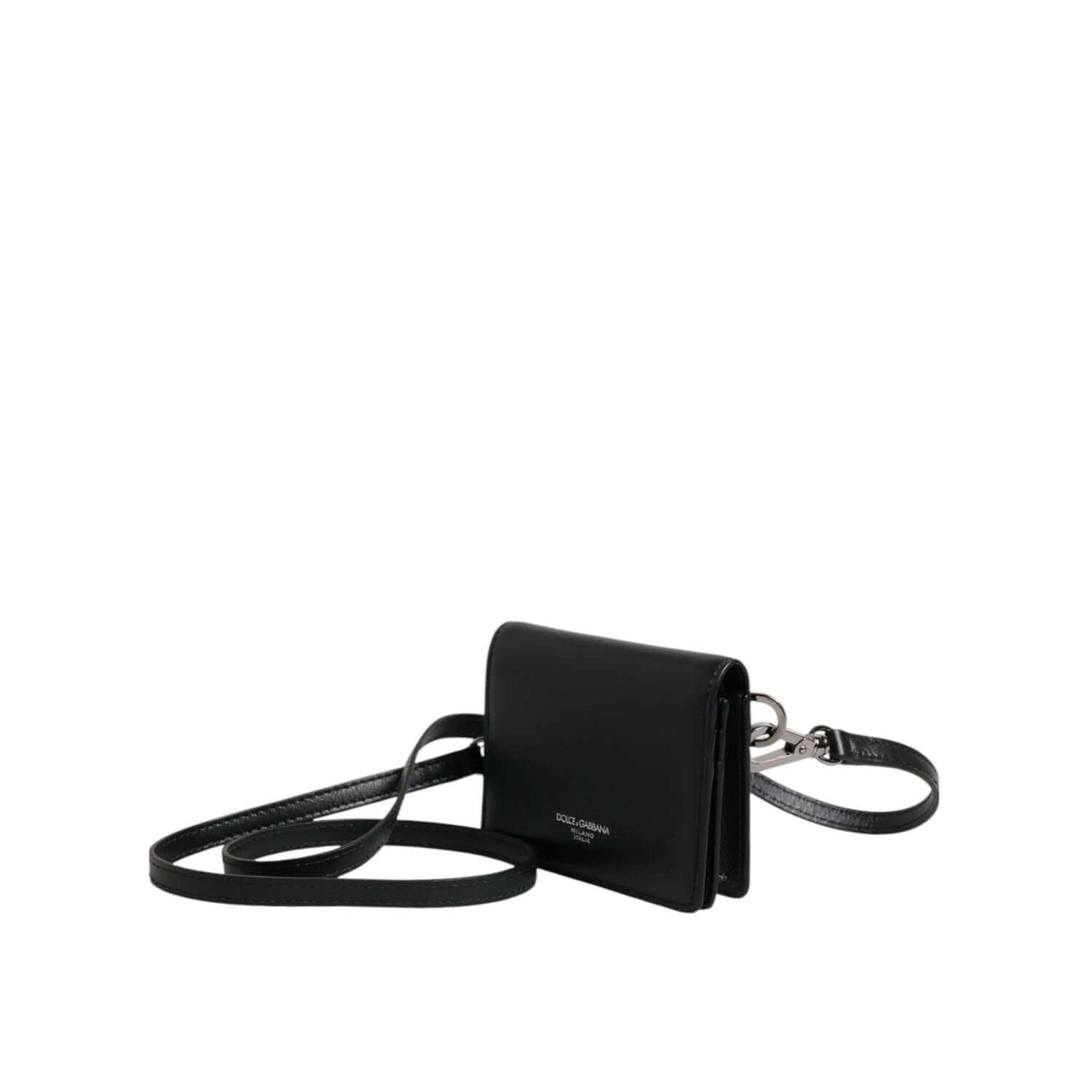 Dolce & Gabbana Black Leather Bifold Card Holder Crossbody Men Borse Bag with calf leather and snap button closure displayed on a white background.