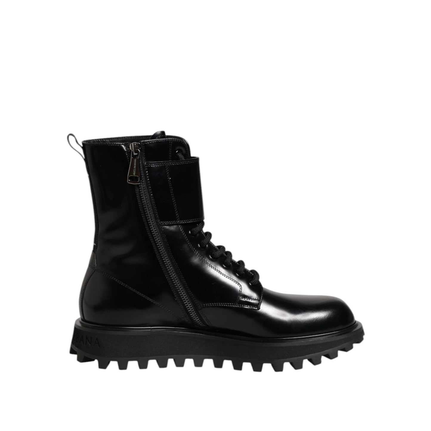 Dolce & Gabbana Black Leather Lace Up Mid Calf Boots Shoes with zipper and treaded sole, Italian craftsmanship, luxurious style.