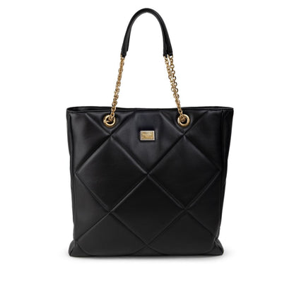 Dolce & Gabbana Black Leather Matelassé Tote Bag with gold chain handles and logo tag, featuring a single compartment and internal pockets.