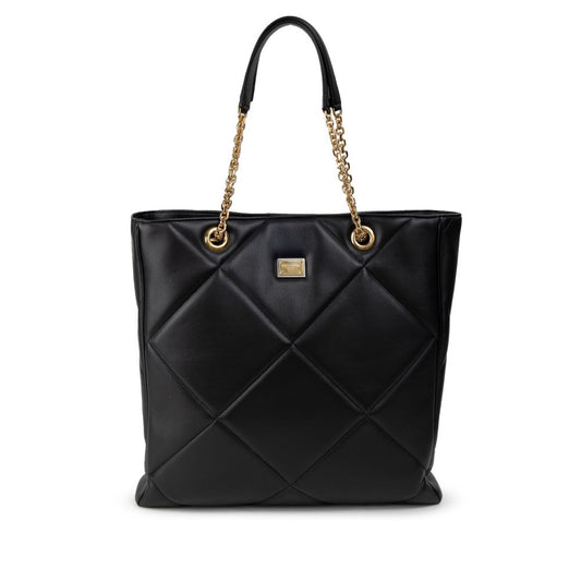Dolce & Gabbana Black Leather Matelassé Tote Bag with gold chain handles and logo tag, featuring a single compartment and internal pockets.