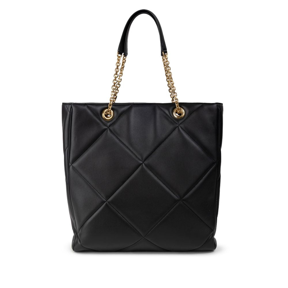 Dolce & Gabbana Black Leather Matelassé Tote Bag with gold chain handles and snap button closure, showcasing luxury design.