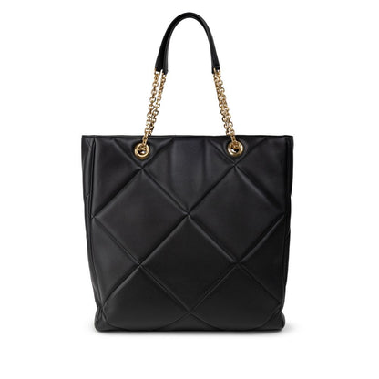 Dolce & Gabbana Black Leather Matelassé Tote Bag with gold chain handles and snap button closure, showcasing luxury design.