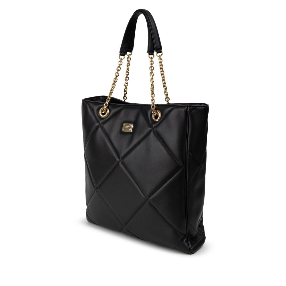 Dolce & Gabbana Black Leather Matelassé Tote Bag with gold chain handles, single compartment, and logo tag.