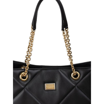 Dolce & Gabbana Black Leather Matelassé Tote Bag with gold chain handles and logo tag, featuring elegant quilted design.