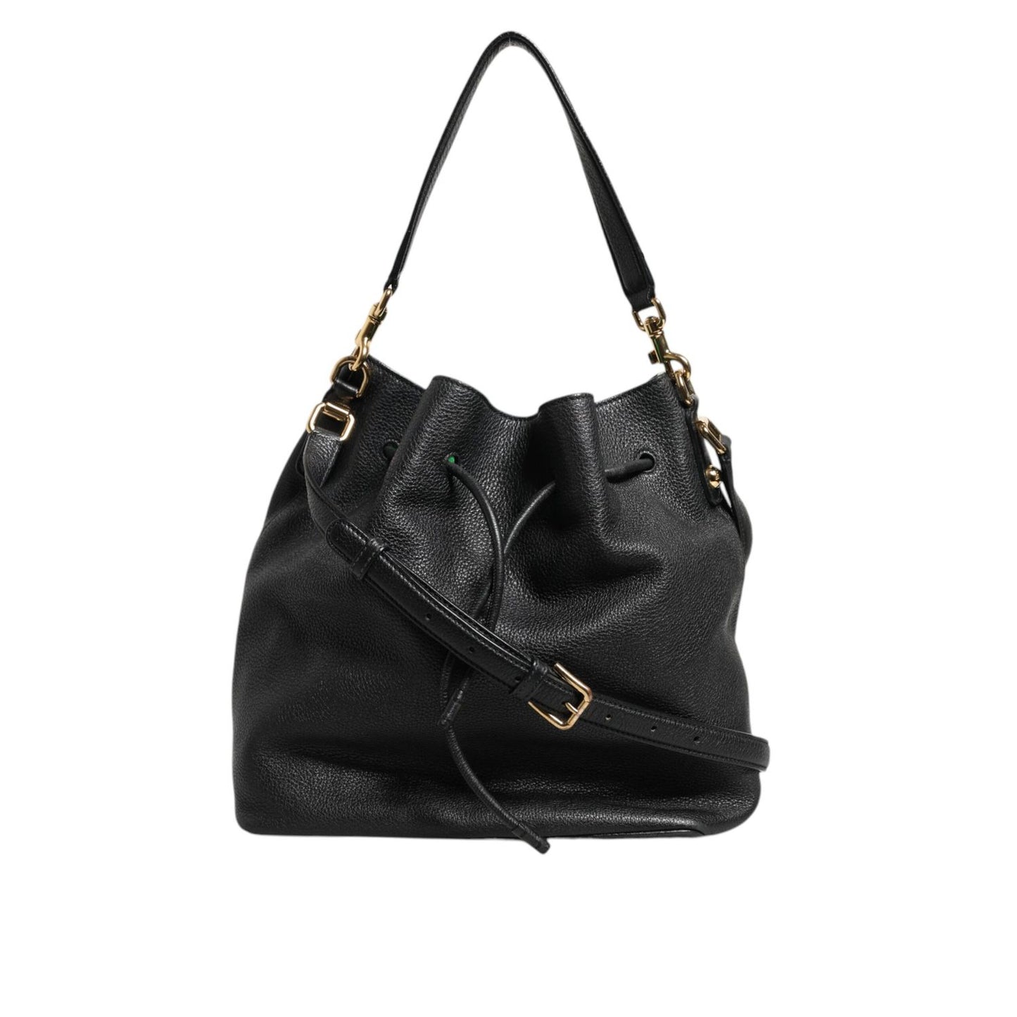 Dolce & Gabbana Black Leather Shoulder Crossbody Bucket Women Borse Bag with metal hardware and adjustable strap.