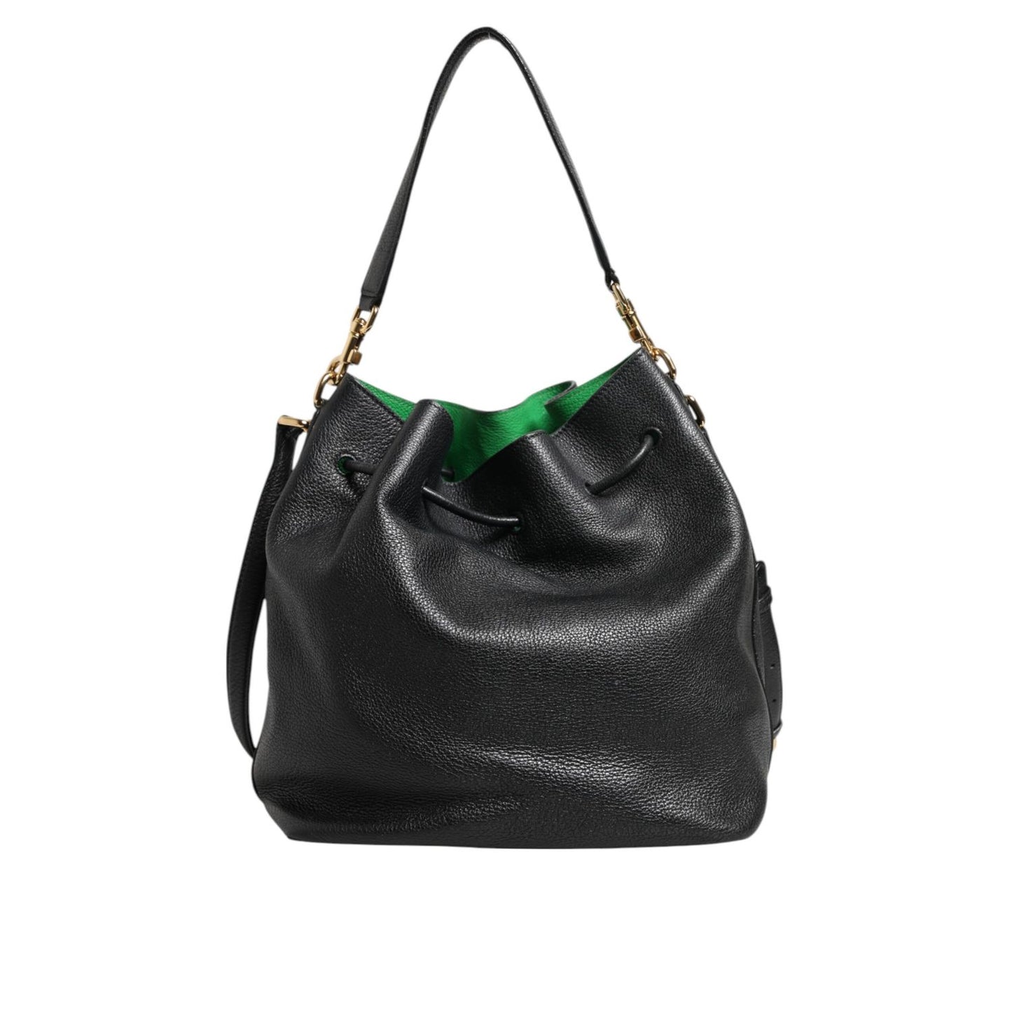 Dolce & Gabbana Black Leather Shoulder Crossbody Bucket Women Borse Bag with logo engraved metal hardware, preowned condition