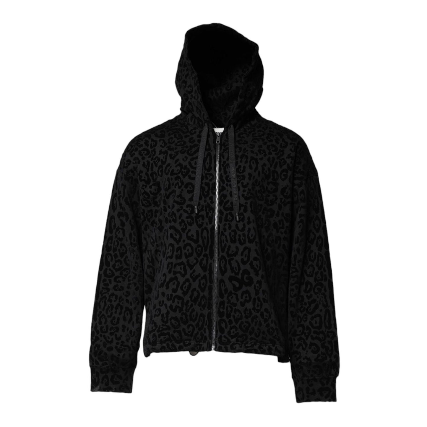 Dolce & Gabbana Black Leopard Full Zip Hooded Sweatshirt Sweater made of 100% cotton with black leopard pattern, regular fit, and logo details.