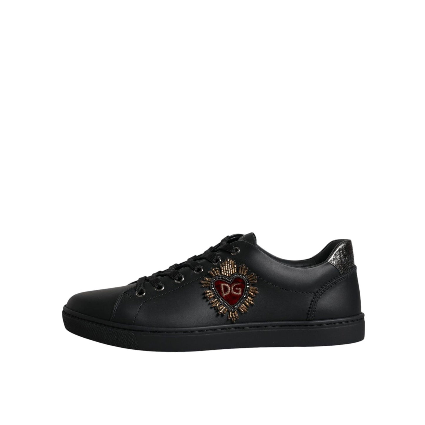 Dolce & Gabbana Black London Sacred Heart Men Sneakers Shoes, made in Italy, 100% calf leather, featuring studs and lace-up design.