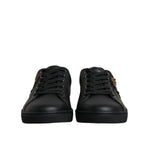 Dolce & Gabbana Black London Sacred Heart Men Sneakers Shoes with studs, lace-up fastening, and calf leather material.