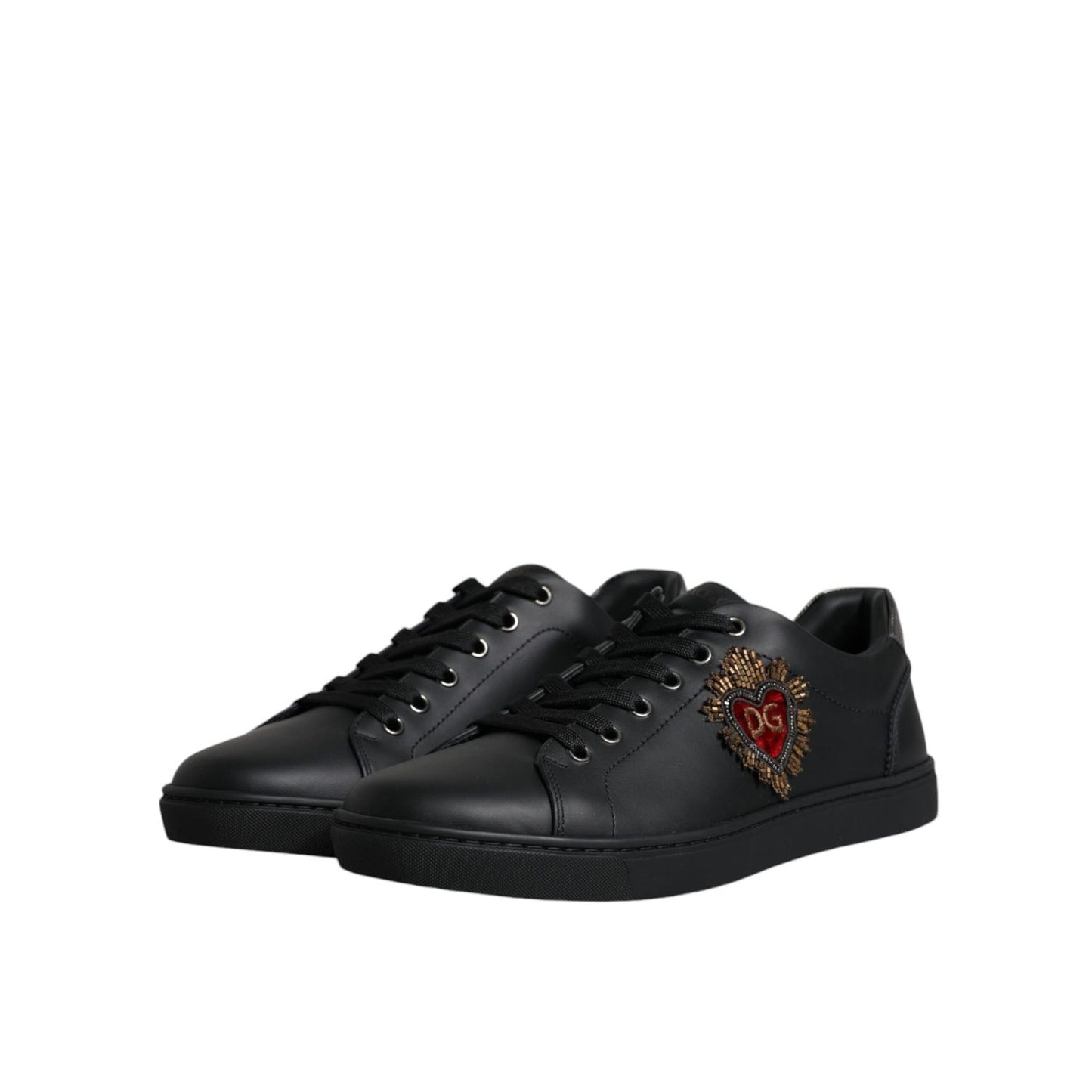 Dolce & Gabbana Black London Sacred Heart Men Sneakers Shoes with calf leather and studded heart detail, lace-up closure, elegant and exclusive.