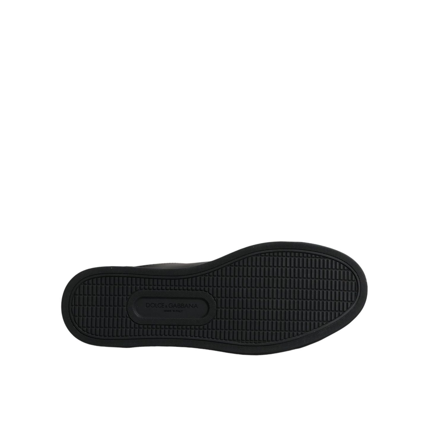 Sole view of Dolce & Gabbana Black London Sacred Heart Men Sneakers Shoes, showing rubber material and craftsmanship details.