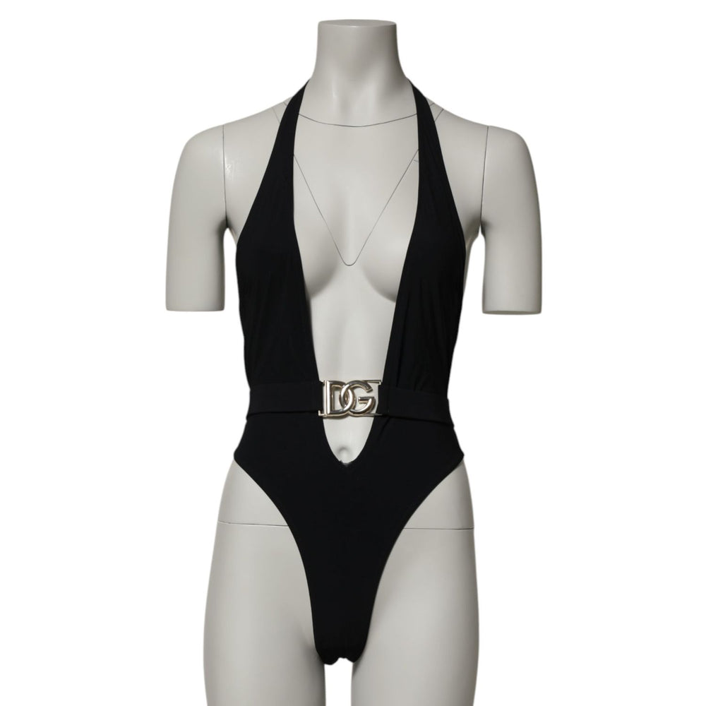 Dolce & Gabbana Black Nylon Deep V-Neck One Piece Swimwear with logo detail, sleek silhouette, and modern design elegance.