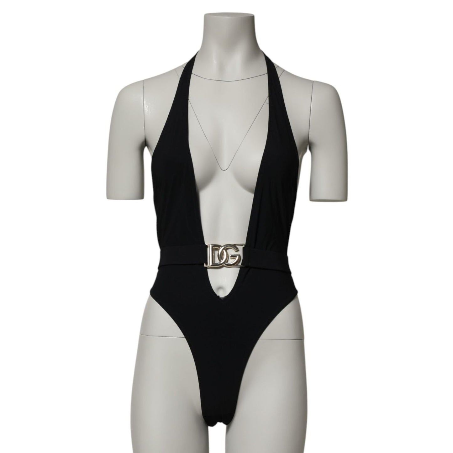 Dolce & Gabbana Black Nylon Deep V-Neck One Piece Swimwear with logo detail, sleek silhouette, and modern design elegance.