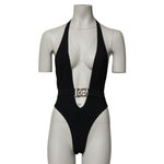 Dolce & Gabbana Black Nylon Deep V-Neck One Piece Swimwear with logo detail, sleek silhouette, and modern design elegance.